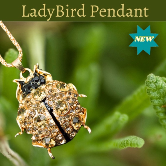 Ladybug Beetle Necklace, Beetle, Ladybird Color-Gold Plated Crystal Rhinestone - Picture 2 of 8